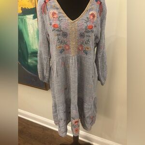 Johnny Was Lucy Floral Embroidered Blue Dress